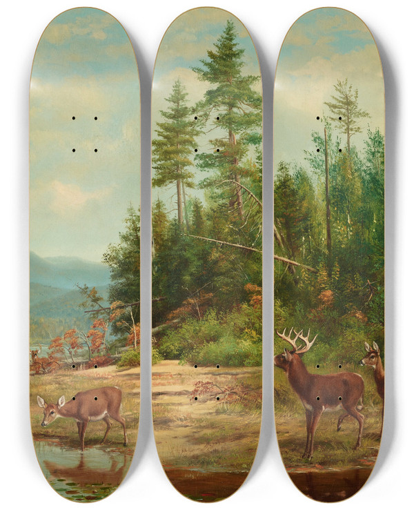 Triptych art skateboard deck of Arthur Fitzwilliam Tait View On Long Lake by Arthur Fitzwilliam Tait (1819-1905)