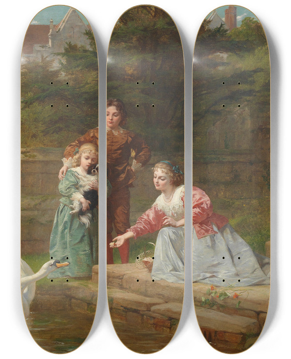 Triptych art skateboard deck of Frederick Goodall Feeding The Swans by Frederick Goodall (1822-1904)