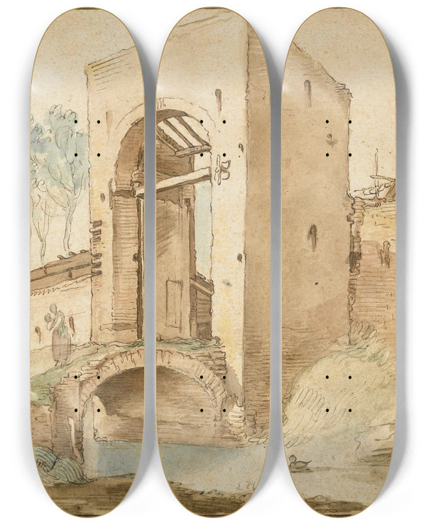 Triptych art skateboard deck of Abraham Bloemaert The Gateway To A Town by Abraham Bloemaert (1564-1651)