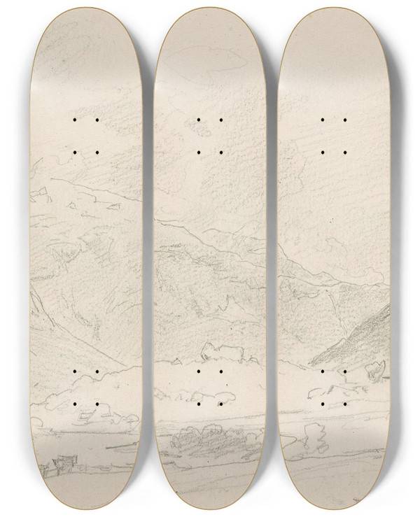 Triptych art skateboard deck of Hans Gude Fra Flatmark I Romsdalen by Hans Gude (1825-1903)