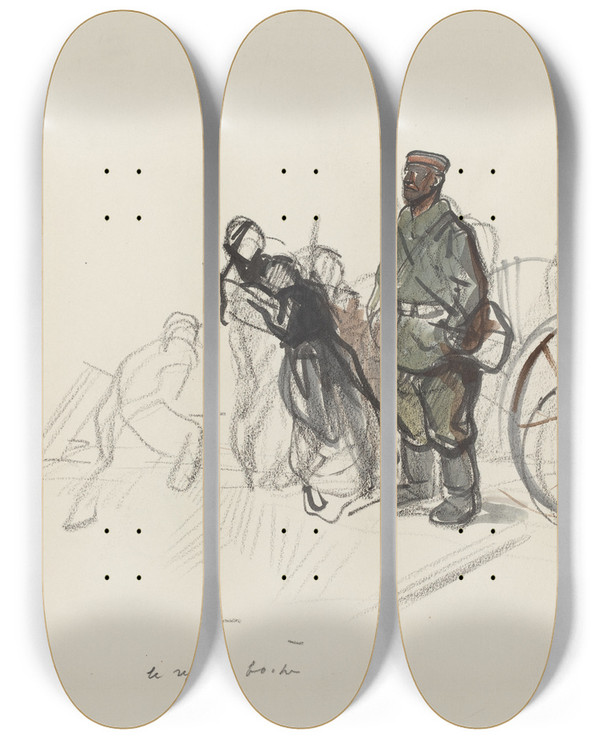 Triptych art skateboard deck of Jeanlouis Forain Le Replis Boche by Jean Louis Forain (1852-1931)