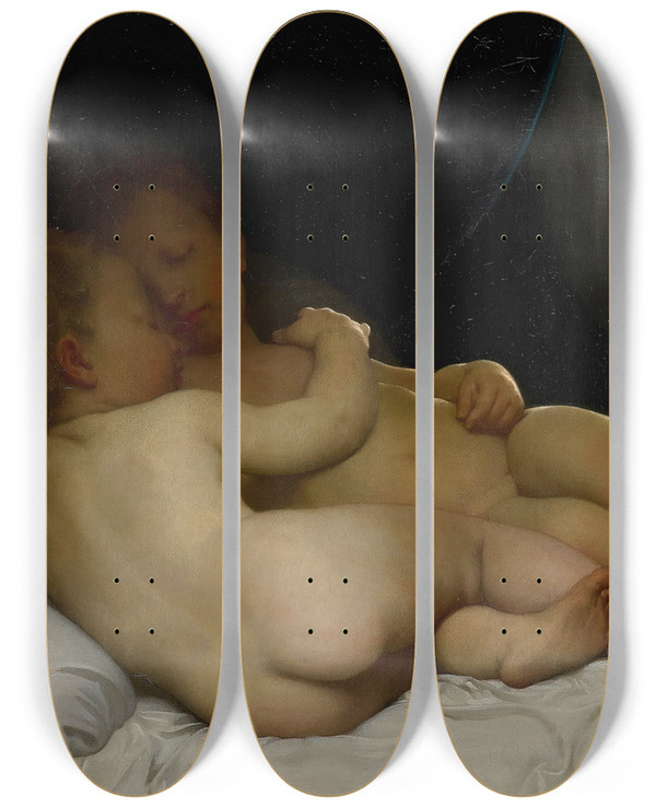Triptych art skateboard deck of William Bouguereau Les Enfants Endormis by William Bouguereau (1825-1905)