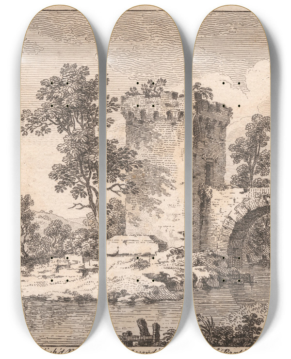 Triptych art skateboard deck of Francois Vivares Landscape With A Ruin A River A Shepherd And Sheep_2 by Francois Vivares