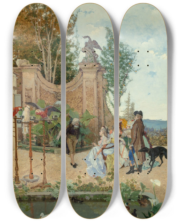 Triptych art skateboard deck of Lorenzo Valles At The Villa Borghese by Lorenzo Valles (1830-1910)