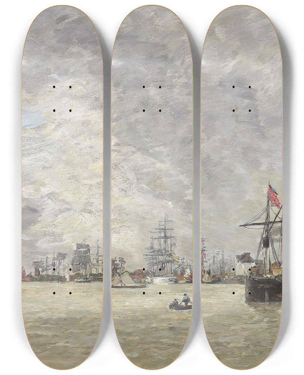 Triptych art skateboard deck of Eugne Boudin Anvers Bateux Sur Lescaut by Eugene Boudin (1824-1898)