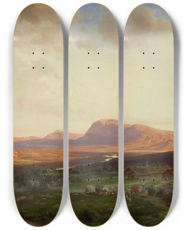 Triptych art skateboard deck of Johan Fredrik Eckersberg Sunset In The Mountains by Johan Fredrik Eckersberg (1822-1870)