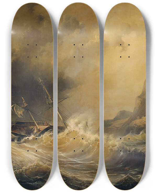 Triptych art skateboard deck of Josef Carl Berthold Pttner Schiffbruch Bei Kap Hoorn by Josef Carl Berthold Puttner (1821-1881)