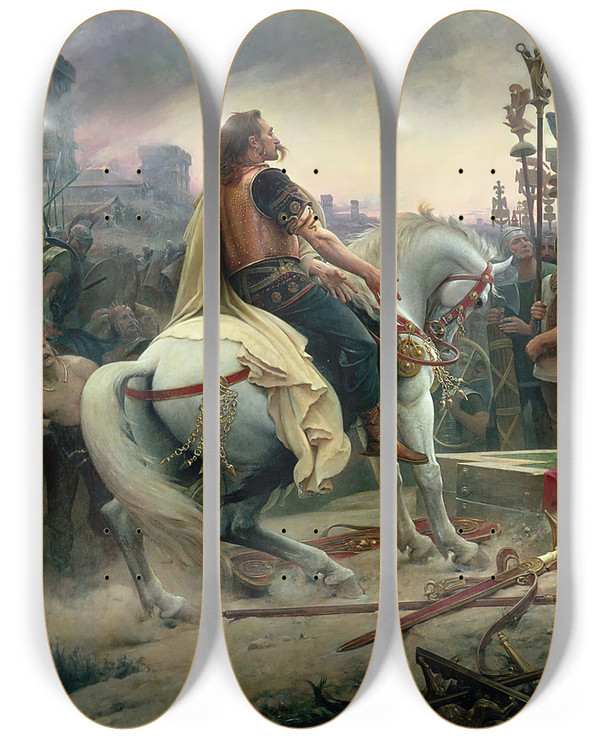 Triptych art skateboard deck of Lionel Royer Vercingetorix Throws Down His Arms At The Feet Of Julius Caesar by Lionel Royer (1852-1926)