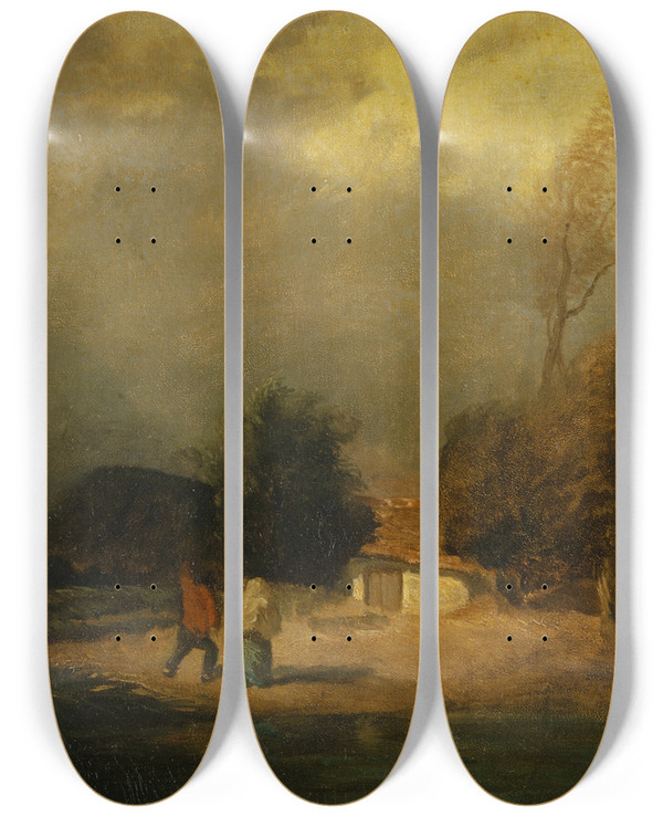 Triptych art skateboard deck of Constant Troyon Landscape With Thunderstorm by Constant Troyon (1810-1865)