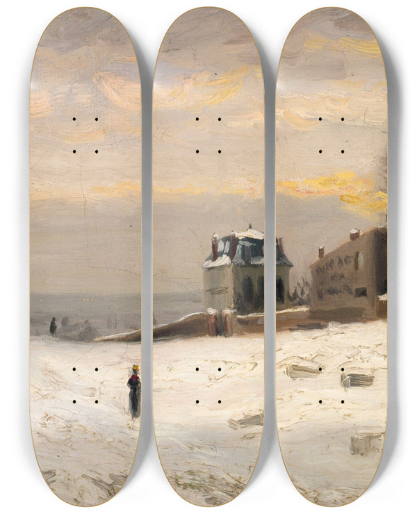 Triptych art skateboard deck of Hippolyte Camille Delpy Neige Montmartre by Hippolyte Camille Delpy (1842-1910)