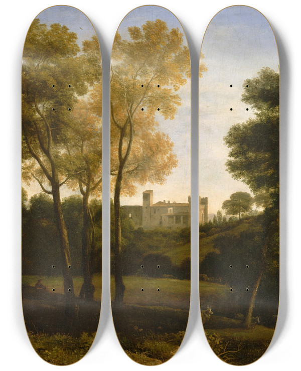 Triptych art skateboard deck of Claude Lorrain View Of La Crescenza by Claude Lorrain (1604-1682)