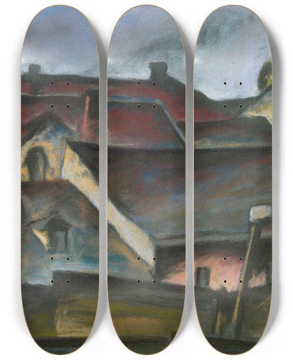 Triptych art skateboard deck of Kontantn Bauer Koick Strechy by Konstantin Bauer (1893-1928)