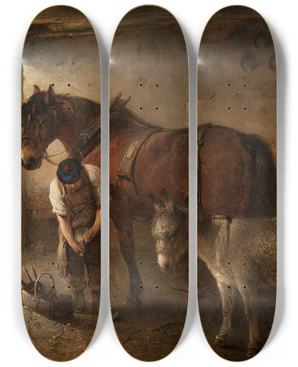 Triptych art skateboard deck of Edward Robert Smythe A Farrier Shoeing A Plough Horse by Edward Robert Smythe (1810-1899)