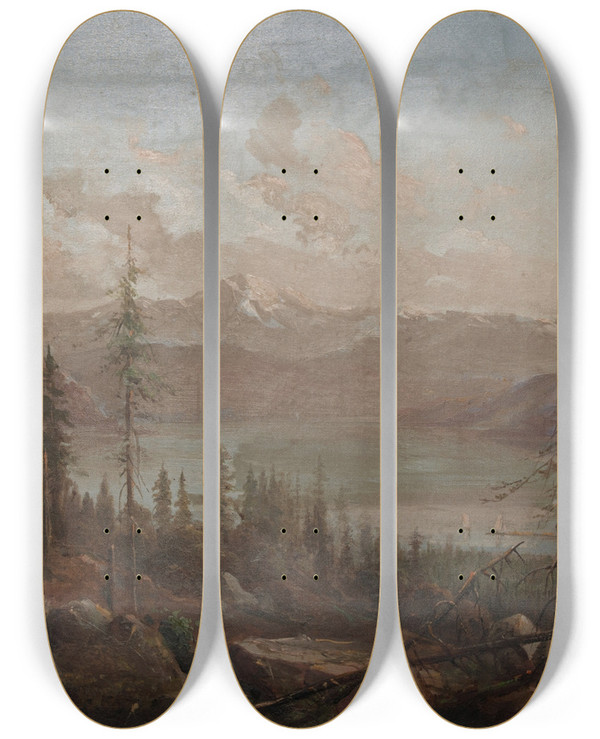 Triptych art skateboard deck of Juan Buckingham Wandesforde A Mountain Landscape With A Fallen Tree In The Foreground by Juan Buckingham Wandesforde (1817-1902)
