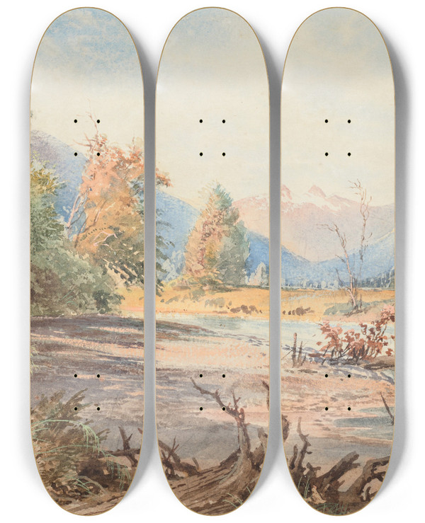 Triptych art skateboard deck of Nicholas Chevalier Upukerora River by Nicholas Chevalier (1828-1902)