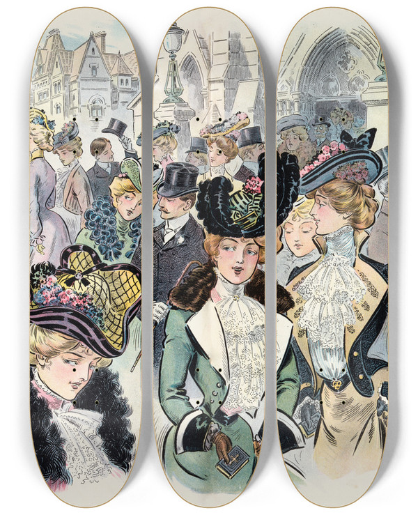 Triptych art skateboard deck of Samuel Ehrhart The Easter Girls by Samuel Ehrhart (1862-1937)