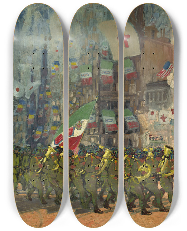 Triptych art skateboard deck of George Luks The Bersaglieri by George Luks (1866-1933)