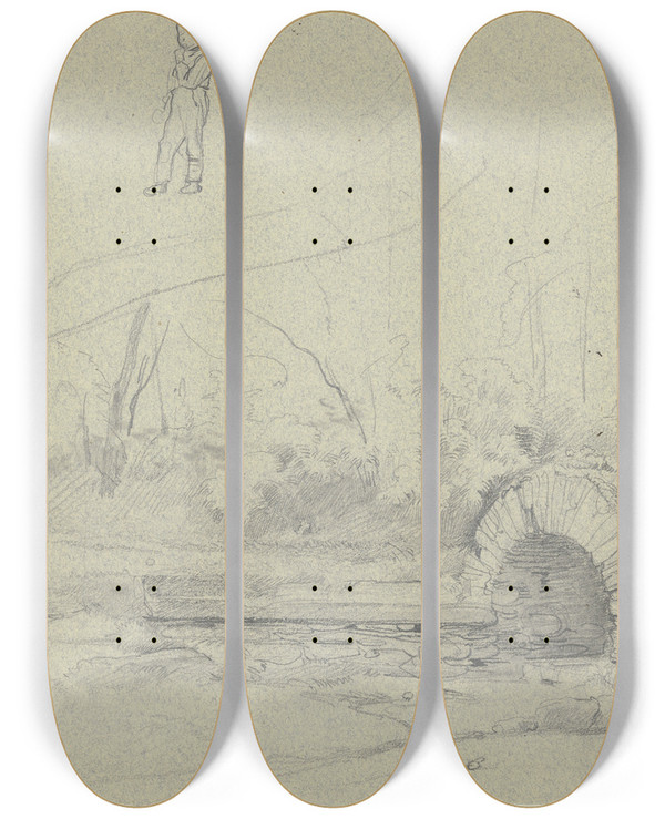 Triptych art skateboard deck of Jakob Becker Trail Run by Jakob Becker (1810-1872)