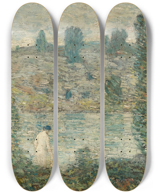 Triptych art skateboard deck of Childe Hassam Summer Afternoon by Childe Hassam (1859-1935)