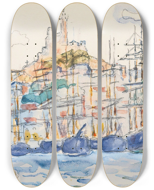 Triptych art skateboard deck of Paul Signac Marseilles by Paul Signac (1863-1935)