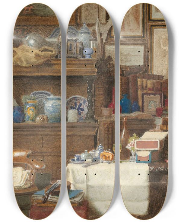 Triptych art skateboard deck of Benjamin Walter Spiers Djeuner La Fourchette by Benjamin Walter Spiers (1845-1923)