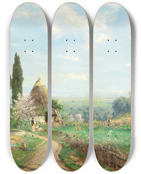 Triptych art skateboard deck of Ascan Lutteroth Spring In The Campagna by Ascan Lutteroth (1842-1923)