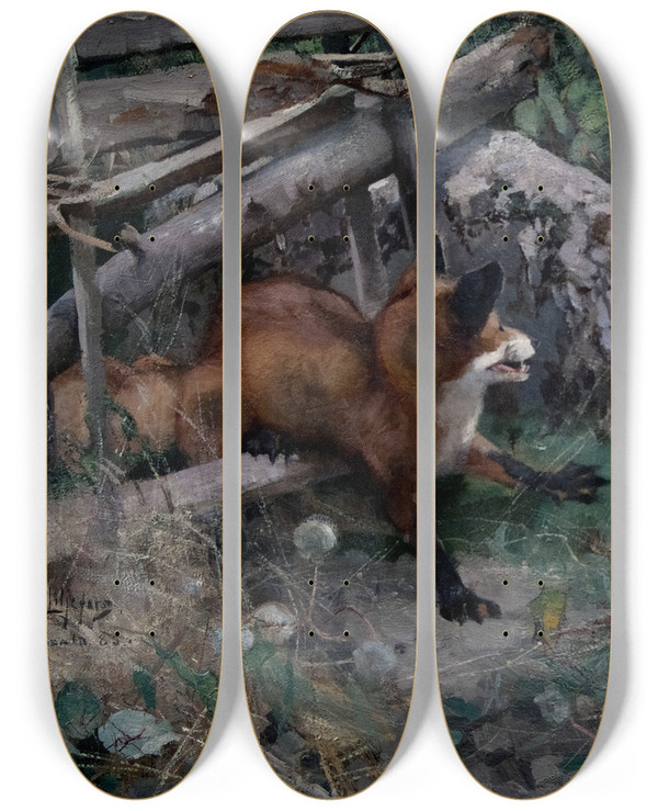 Triptych art skateboard deck of Bruno Liljefors Hunter And Fox by Bruno Liljefors (1860-1939)