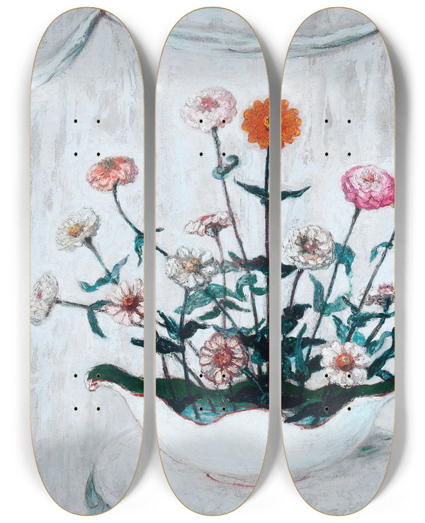 Triptych art skateboard deck of Florine Stettheimer Zinnias by Florine Stettheimer (1871-1944)