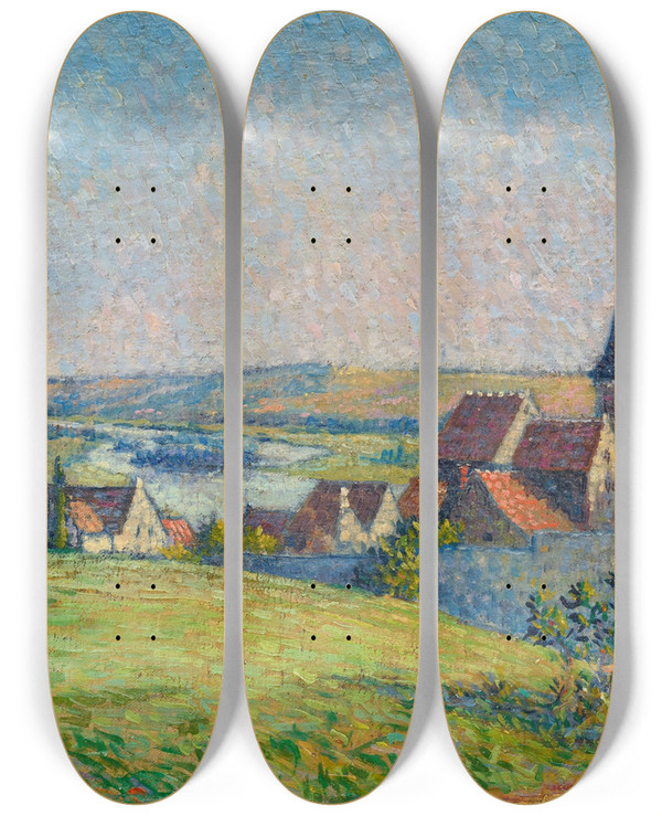 Triptych art skateboard deck of Lo Gausson Trielsurseine by Leo Gausson (1860-1944)
