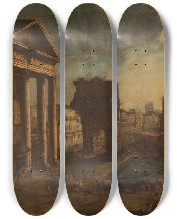 Triptych art skateboard deck of Alessandro Salucci Harbour With Capriccio by Alessandro Salucci (1590-1655)