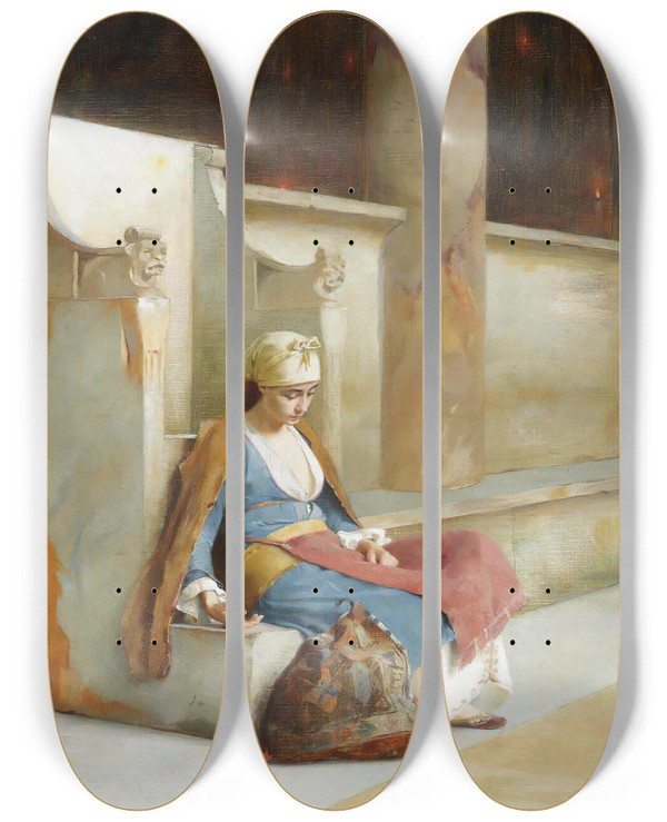 Triptych art skateboard deck of Theodoros Ralli Resting In A Greek Monastery by Theodoros Ralli (1852-1909)