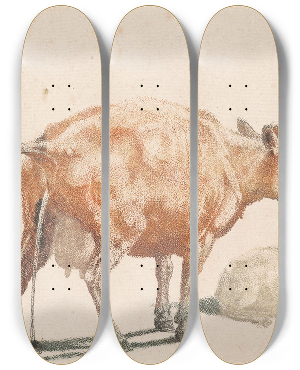 Triptych art skateboard deck of Johann Teyler The Pissing Cow by Johann Teyler (1648-1709)