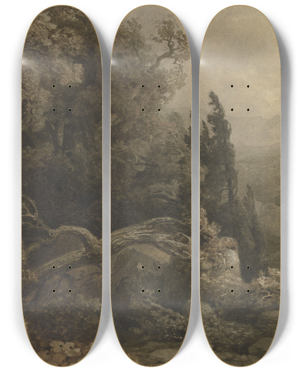 Triptych art skateboard deck of August Weber Hochgebirgslandschaft Im Sturm by August Weber