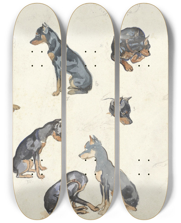 Triptych art skateboard deck of Anna Maria Kruijff Studies Van Een Hond by Anna Maria Kruijff (1870-1946)