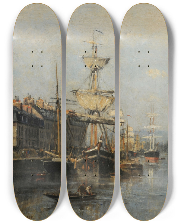 Triptych art skateboard deck of Stanislas Lpine Le Port De Rouen by Stanislas Lepine (1835-1892)