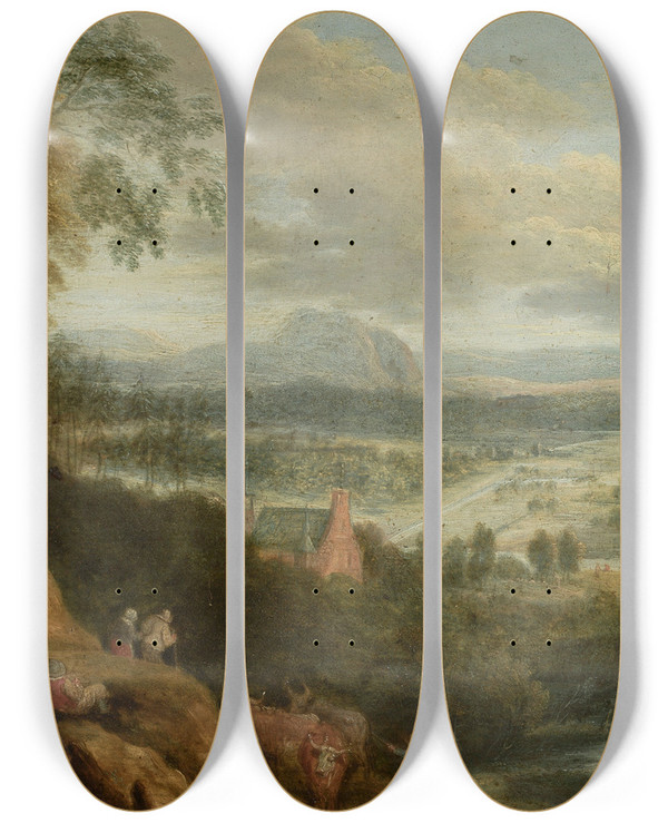 Triptych art skateboard deck of Lucas Van Uden Pastoral Landscape by Lucas Van Uden (1595-1672)