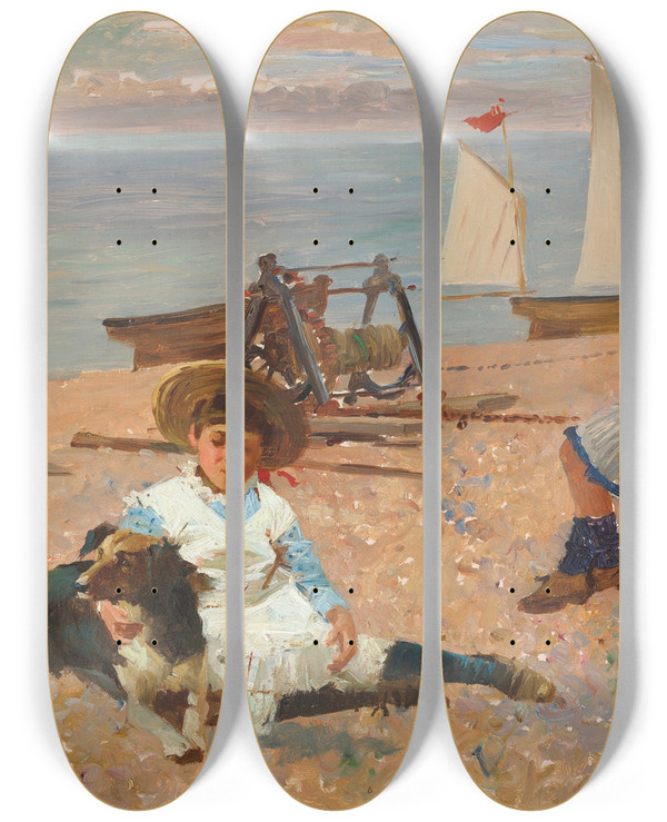 Triptych art skateboard deck of Alexander Mark Rossi A Summers Day On The Beach by Alexander Mark Rossi (1840-1916)