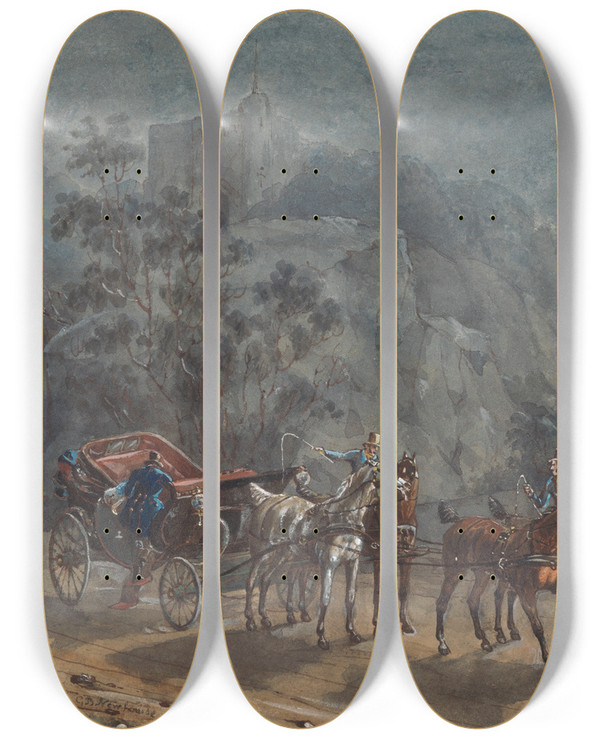 Triptych art skateboard deck of Charles B Newhouse An Elopement By Moonlight by Charles B Newhouse (1805-1877)