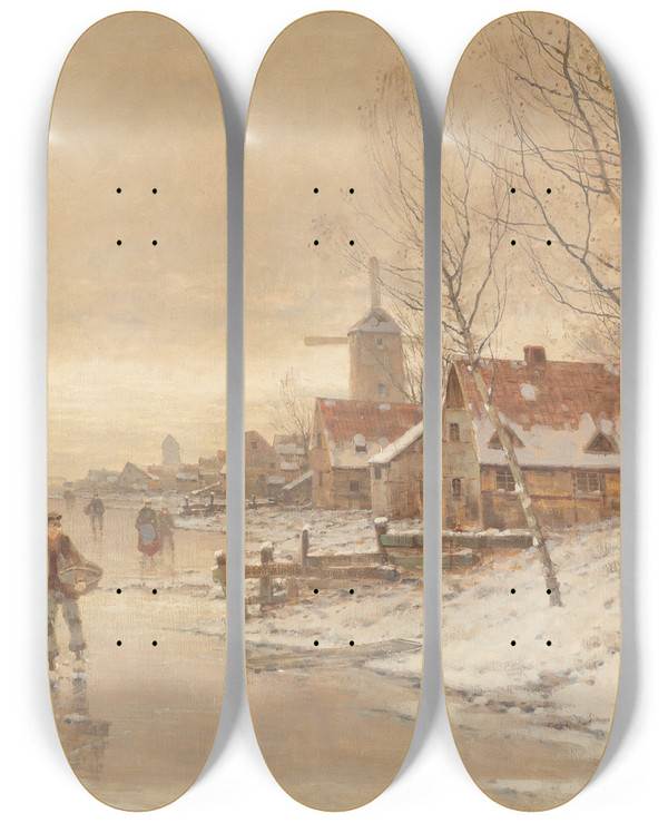 Triptych art skateboard deck of Johann Jungblut Winter Landscape by Johann Jungblut (1860-1912)