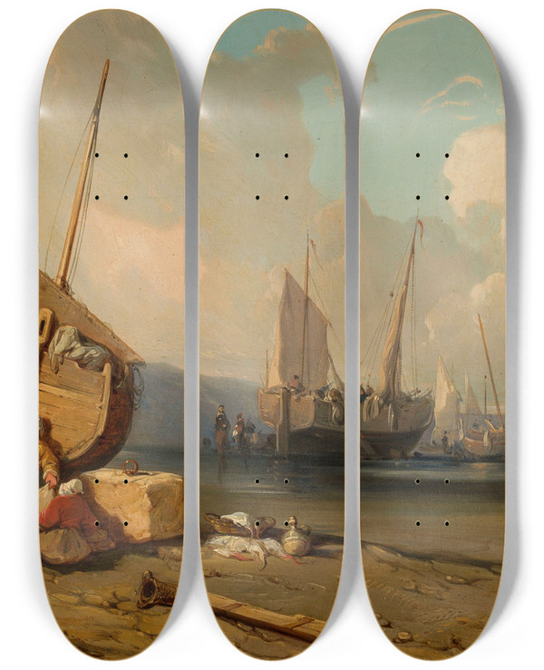 Triptych art skateboard deck of Eugne Isabey Seaside by Eugene Isabey (1803-1886)