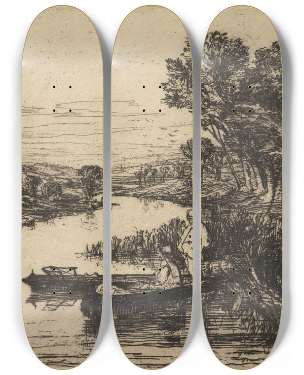 Triptych art skateboard deck of Francis Seymour Haden Thames Fishermen No 2 by Francis Seymour Haden (1818-1910)