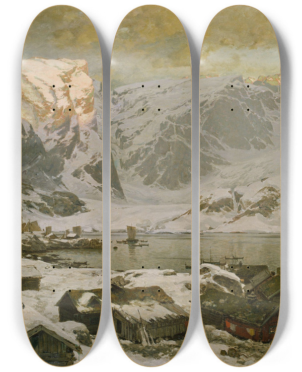 Triptych art skateboard deck of Otto Sinding View From Reine In Lofoten by Otto Sinding (1842-1909)