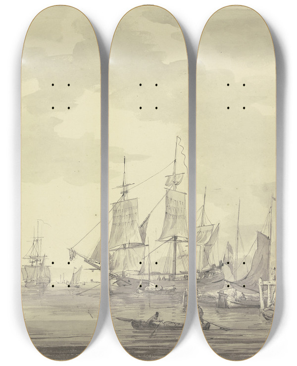 Triptych art skateboard deck of Gerrit Groenewegen Schiffe Vor Einem Damm Mit Laterne Und Leiter by Gerrit Groenewegen