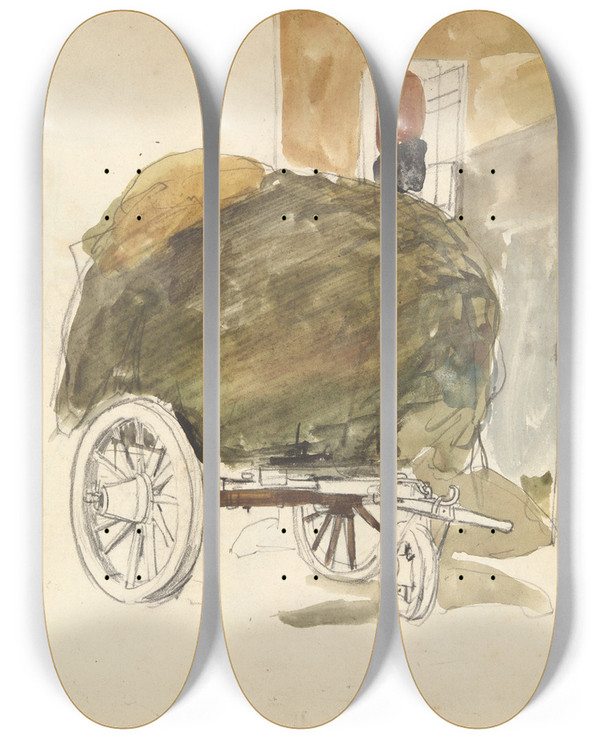 Triptych art skateboard deck of Johan Barthold Jongkind Haywagon In A Farmyard by Johan Barthold Jongkind (1819-1891)