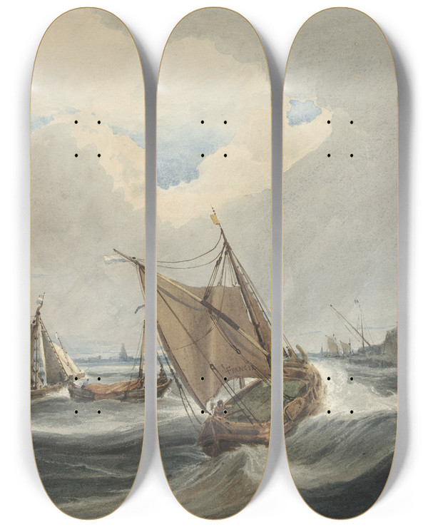 Triptych art skateboard deck of Franois Louis Thomas Francia Schepen Voor De Haven Van Vlissingen by Francois Louis Thomas Francia (1772-1839)