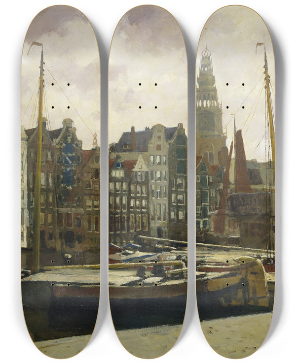 Triptych art skateboard deck of George Hendrik Breitner The Damrak Amsterdam by George Hendrik Breitner (1857-1923)