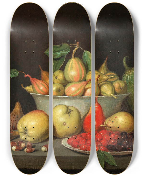Triptych art skateboard deck of Jacob Samuel Beck A Still Life Of Fruit On A Ledge by Jacob Samuel Beck (1715-1778)