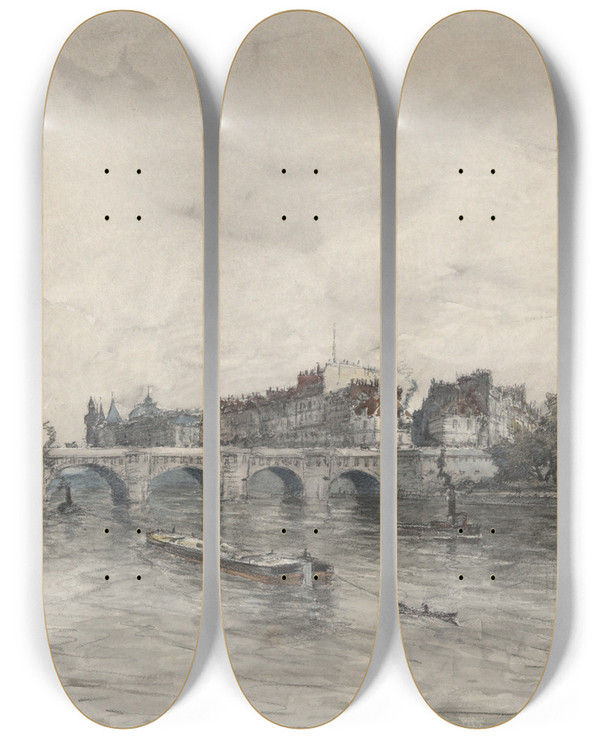 Triptych art skateboard deck of Frank Myers Boggs The Isle Paris Pontneuf by Frank Myers Boggs (1855-1926)