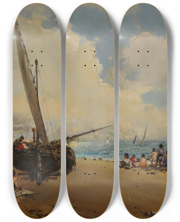 Triptych art skateboard deck of Baldomero Galofr Jimnez En La Playa by Baldomer Galofre I Gimenez