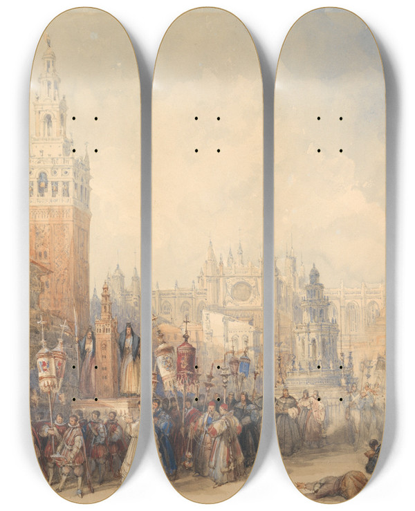 Triptych art skateboard deck of David Roberts Plaza Real And Procession by David Roberts (1796-1864)
